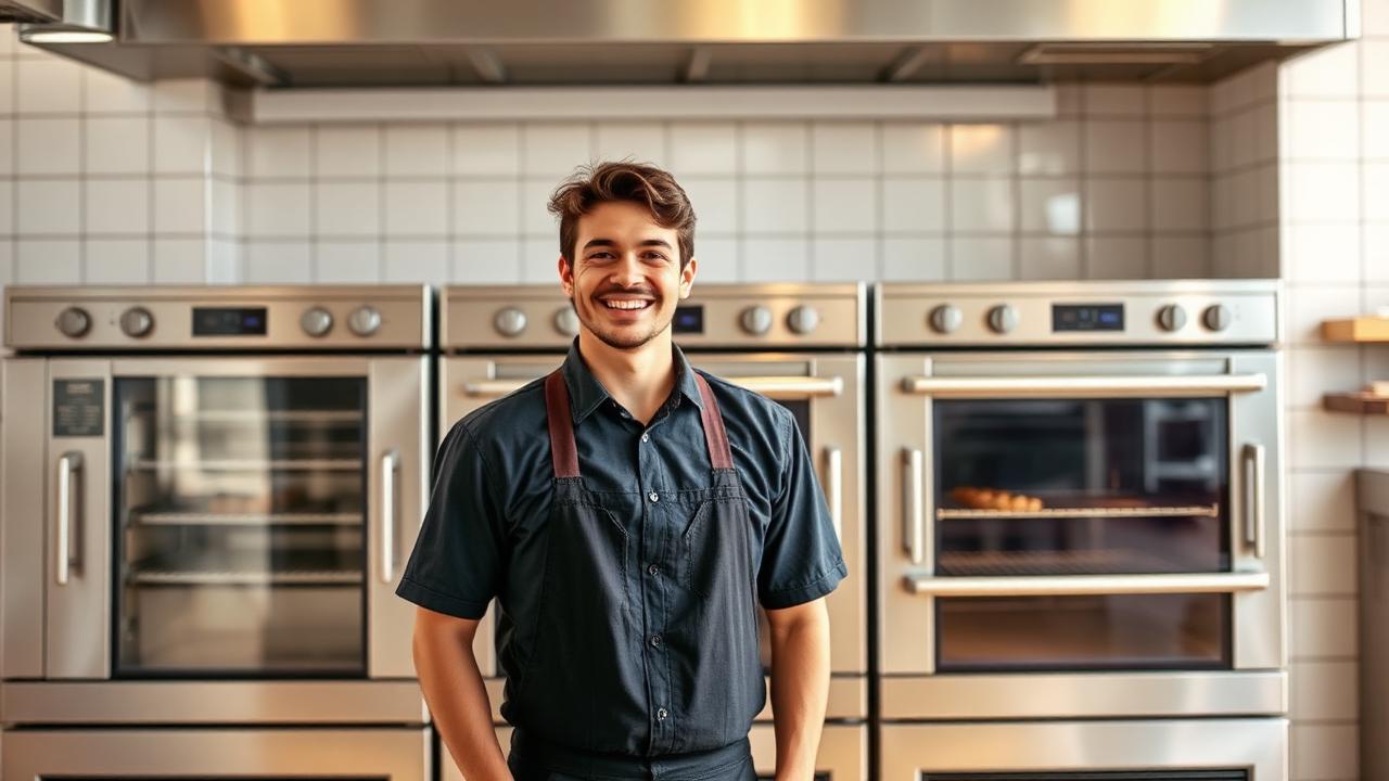 Small business owner with newly financed commercial bakery ovens