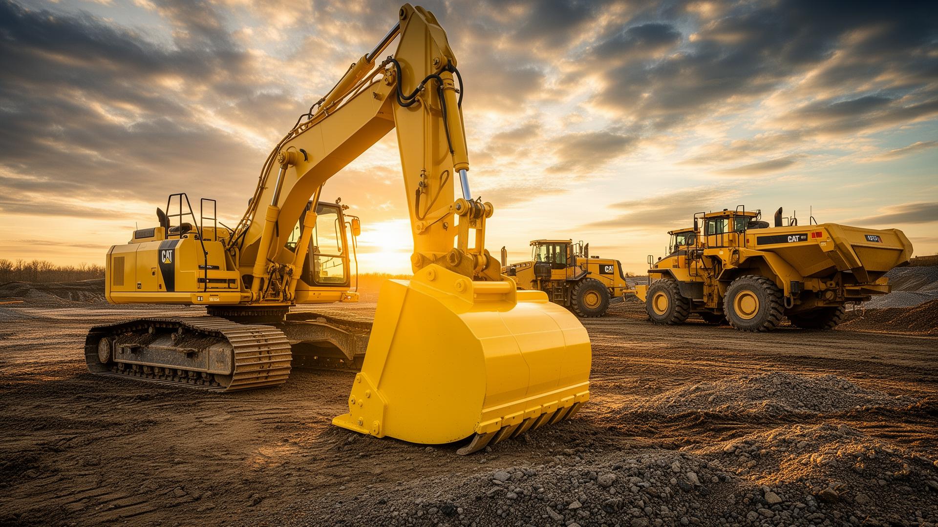 Yellow excavator, wheel loader, and articulated dump truck on a construction site at sunset